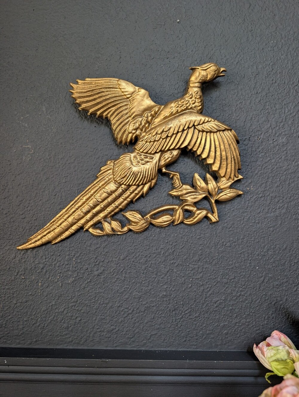 Vintage Gold Mid Century Modern Heavy Solid Cast Brass Pheasant Wall Hanging Swa